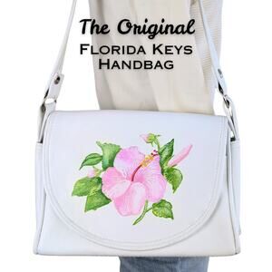 VTG 80s The Original Florida Keys Shoulder Bag Purse White Pink Hibiscus Flower
